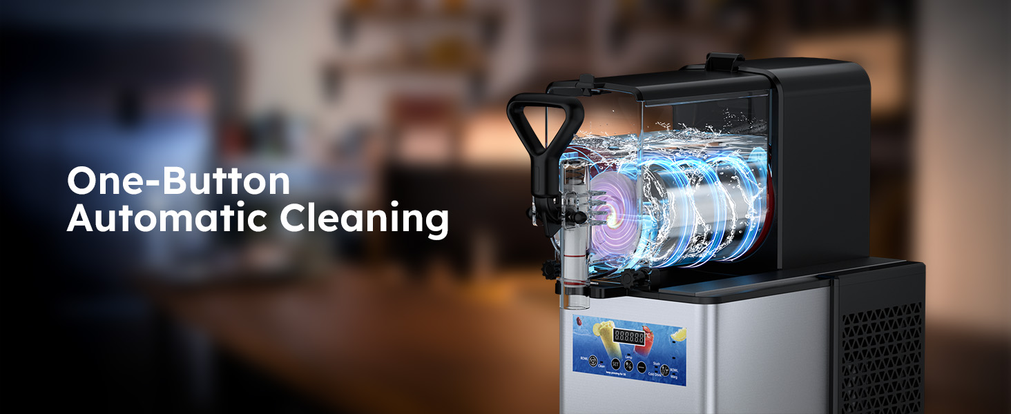 Mojgar Pro 3L Slush Machine with a one-button automatic cleaning system for hassle-free maintenance. Easily flushes and cleans the internal tank, ensuring hygiene and convenience. Perfect for home and commercial use, keeping your slushie maker ready for t